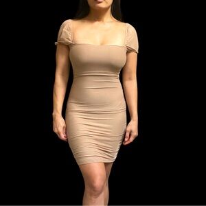 Princess Polly Women’s Mesh Overlay Bodycon Dress, Tan, size 4